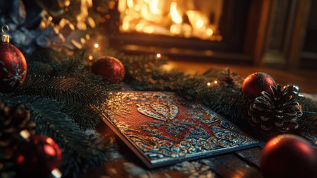 Close-up of a Christmas card surrounded by pine branches and ornaments, placed on the floor by a glowing fireplace, with selective focus adding depth to the scene.の素材