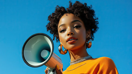 Close-up of a woman holding a megaphone speaker against a clear blue background, perfect for advertisements or announcements with space for additional text.の素材
