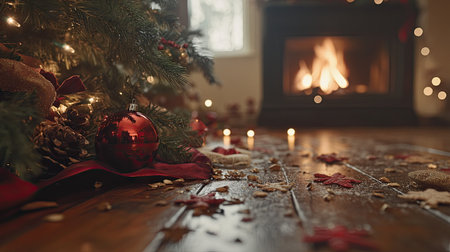 Close-up of a Christmas card with festive decorations on the floor by a cozy fireplace, with selective focus creating a warm holiday atmosphere.の素材