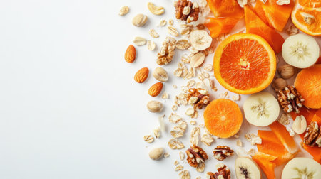 Clean white background with a paper bag packed with fruits, vegetables, and nuts. A top view flat lay with enough room for adding a text banner.の素材