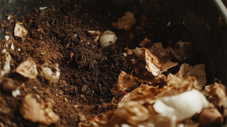 Close-up of biodegradable waste in a trash can, showcasing coffee grounds, onion skins, and bread crusts in natural lighting.の素材