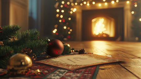 Close-up of a Christmas card surrounded by pine branches and ornaments, placed on the floor by a glowing fireplace, with selective focus adding depth to the scene.の素材