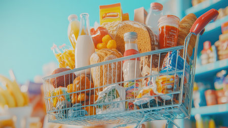Close-up of a shopping cart brimming with groceries, including bread, milk, and snacks, placed on a light blue background.の素材