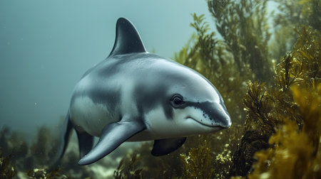 Close-up of a vaquita with its distinctive dark eye rings and a sleek, gray body, gracefully moving near underwater vegetation.の素材