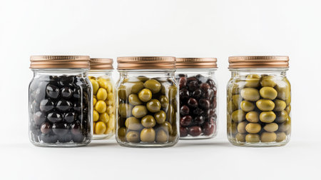 Close-up of glass jars with pickled green, black, and mixed olives, isolated on a white background, showing the different types of olives preserved in brine.の素材