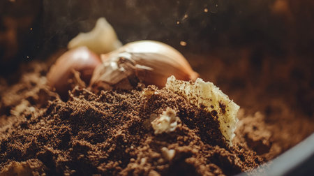 Close-up of biodegradable waste in a trash can, showcasing coffee grounds, onion skins, and bread crusts in natural lighting.の素材