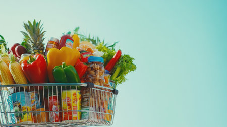 Close-up of a cart filled with fresh groceries, including vegetables, drinks, and canned goods, against a light blue backdrop.の素材