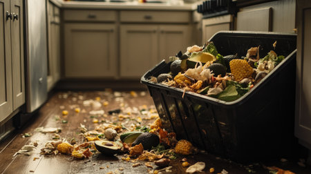 Close-up of a trash bin filled with organic scraps, including avocado skins and corn husks, with a clean kitchen floor underneath.の素材