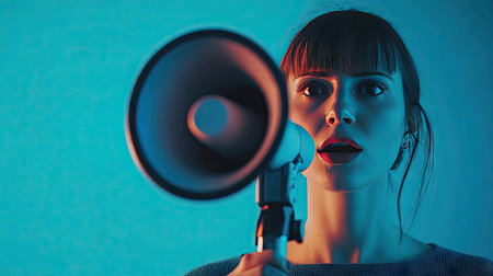 Close-up of a woman with a megaphone in front of a blue background, ideal for marketing or promotional content, with space available for custom text.の素材