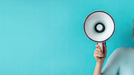 Close-up of a woman holding a megaphone on a blue backdrop, perfect for creating promotional or campaign content with space for your own text.の素材