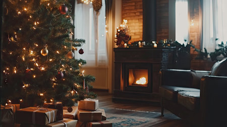 Cozy and stylish living room with a beautifully decorated Christmas tree, gift boxes under the tree, and a warm fireplace glowing in the background.の素材