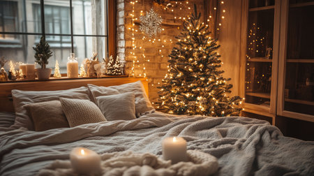 Cozy and festive Christmas setup with a small tree, adorned with sparkling lights and surrounded by soft snowflakes, evoking the holiday season.の素材