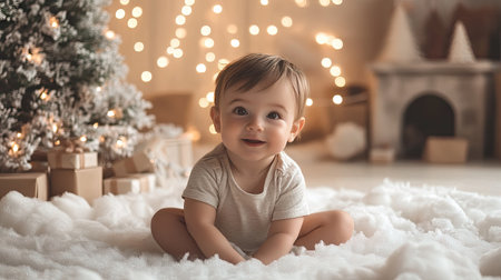Cozy Christmas setup with a mini Christmas tree, twinkling lights, and a snowy backdrop, perfect for capturing the magic of the holiday season.の素材