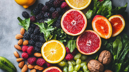 Flat lay of a paper bag filled with vibrant fruits, vegetables, and nuts on a white background, leaving room for a text banner to highlight a healthy lifestyle.の素材