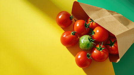Creative composition with ripe tomatoes flat lay on a yellow surface, a vegetable-filled paper bag, and a green background for custom text.の素材