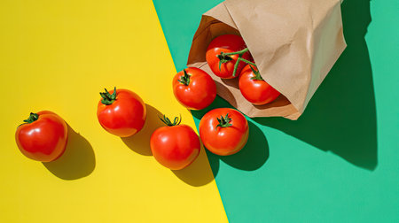 Creative composition with ripe tomatoes flat lay on a yellow surface, a vegetable-filled paper bag, and a green background for custom text.の素材