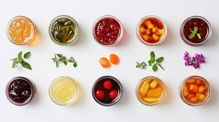 Different types of preserves such as fruit jams, pickled vegetables, and honey in glass jars, isolated on a white background, highlighting the beauty of preserved foods.の素材