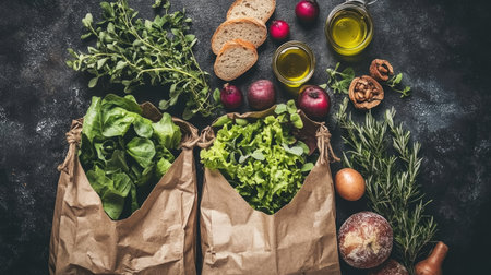 Flat lay of eco bags with fresh produce like greens, fruits, vegetables, and bread, accompanied by olive oil, promoting healthy eating and environmental sustainability.の素材