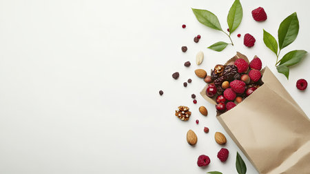 Flat lay of a paper bag filled with organic fruits, vegetables, and a variety of nuts, placed on a white background with space for a text banner. A healthy shopping concept.の素材