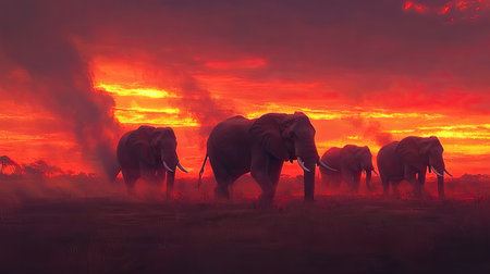Elephants moving through the Serengeti savannah at sunrise, their massive forms highlighted against the vibrant sky.の素材