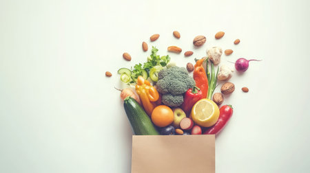 Flat lay of a paper bag full of colorful fruits, vegetables, and healthy nuts, set against a white background, with room for a text banner promoting healthy eating.の素材
