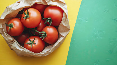 Flat lay of ripe tomatoes and a vegetable paper bag on a yellow surface with a bold green backdrop, perfect for adding text or designs.の素材