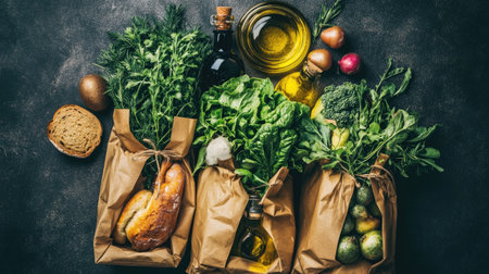 Flat lay of eco-friendly shopping bags filled with fresh greens, fruits, vegetables, bread, and oil, highlighting sustainable and healthy food choices.の素材