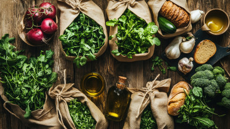Flat lay of eco-friendly bags filled with fresh fruits, vegetables, greens, bread, and oil, showcasing a healthy eating and sustainability concept. Top view on a wooden countertop.の素材