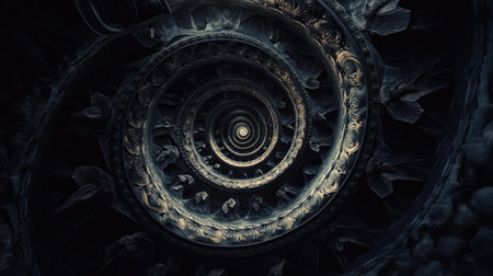 Fractal pattern formed by a twisted black clock face, symbolizing the infinite nature of time and its eternal flow.の素材