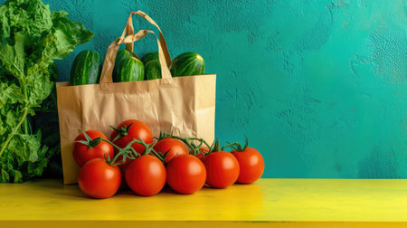 Frontal shot of a vivid green backdrop with ripe tomatoes arranged on a yellow countertop and a paper bag of vegetables for a creative template.の素材
