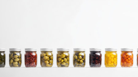 Glass jars filled with assorted types of pickled olives, arranged against a clean white background, showcasing the diversity of preserved olives.の素材