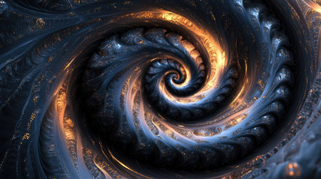 Fractal time concept with a black clock face, twisted into an endless spiral to illustrate infinity and the unceasing progression of time.の素材