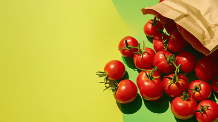 Creative template with a green backdrop, ripe tomatoes scattered on a yellow surface, and a paper bag of fresh vegetables. Ample text space above.の素材