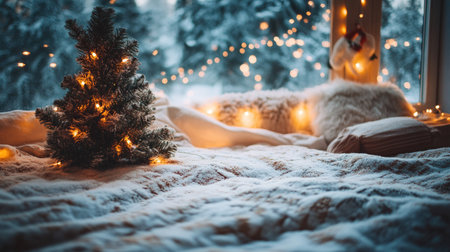Cozy Christmas setup with a mini Christmas tree, twinkling lights, and a snowy backdrop, perfect for capturing the magic of the holiday season.の素材