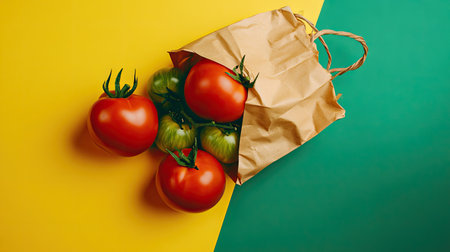 Creative composition with ripe tomatoes flat lay on a yellow surface, a vegetable-filled paper bag, and a green background for custom text.の素材