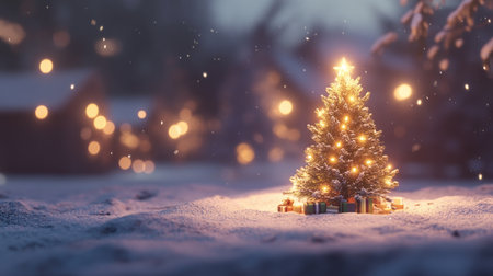 Cozy holiday scene with a mini Christmas tree glowing with lights, surrounded by soft snow, evoking a warm, festive ambiance.の素材