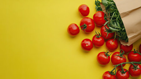 Creative template with a green backdrop, ripe tomatoes scattered on a yellow surface, and a paper bag of fresh vegetables. Ample text space above.の素材