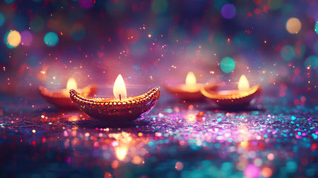 Diwali Lita Diya oil lamps shining against a glittery, colorful backdrop, creating a joyful and festive atmosphere for Diwali celebrations.の素材