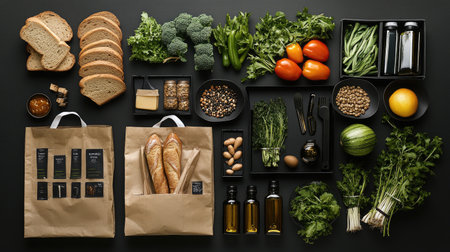 Flat lay of a variety of fruits, vegetables, greens, bread, and oil in eco-friendly shopping bags, perfect for showcasing healthy eating and environmental consciousness.の素材