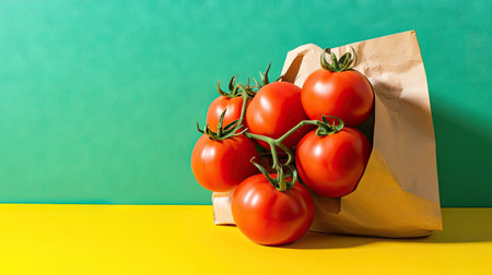 Creative food arrangement featuring ripe tomatoes on a yellow countertop, a vegetable paper bag, and a green backdrop with ample text space.の素材
