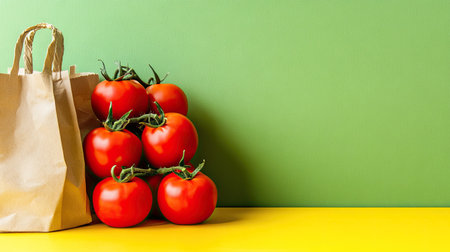 Creative food arrangement featuring ripe tomatoes on a yellow countertop, a vegetable paper bag, and a green backdrop with ample text space.の素材