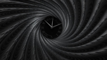 Fractal pattern of a black clock face twisted into infinity, illustrating the boundless and cyclical concept of time.の素材