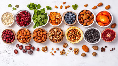 Flat lay of a paper bag packed with nutritious fruits, vegetables, and mixed nuts, arranged on a white background with room to insert a text banner.の素材