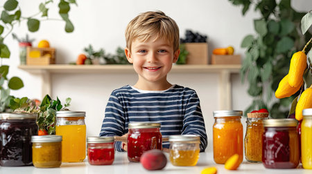 Different types of preserves such as fruit jams, pickled vegetables, and honey in glass jars, isolated on a white background, highlighting the beauty of preserved foods.の素材