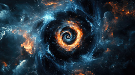 Creative time concept with a black clock face twisted into a fractal spiral, symbolizing infinity and the continuous flow of time.の素材