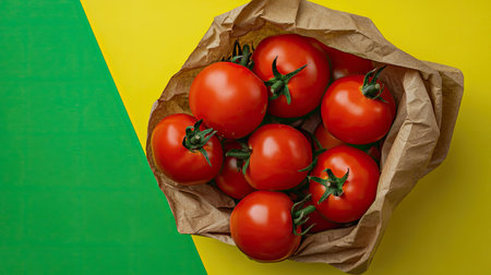 Flat lay of ripe tomatoes and a brown paper bag of vegetables on a yellow surface, with a vibrant green background offering text placement space.の素材