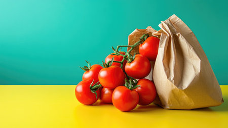 Frontal shot of a vivid green backdrop with ripe tomatoes arranged on a yellow countertop and a paper bag of vegetables for a creative template.の素材