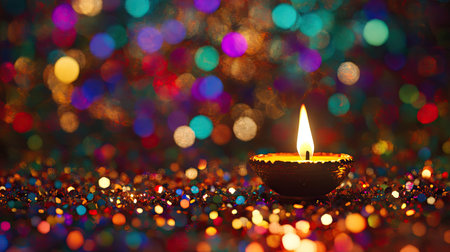 Diwali Lita Diya oil lamps shining against a glittery, colorful backdrop, creating a joyful and festive atmosphere for Diwali celebrations.の素材