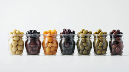 Glass jars filled with assorted types of pickled olives, arranged against a clean white background, showcasing the diversity of preserved olives.の素材