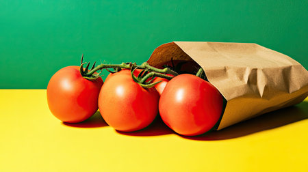Flat lay of ripe tomatoes and a brown paper bag of vegetables on a yellow surface, with a vibrant green background offering text placement space.の素材